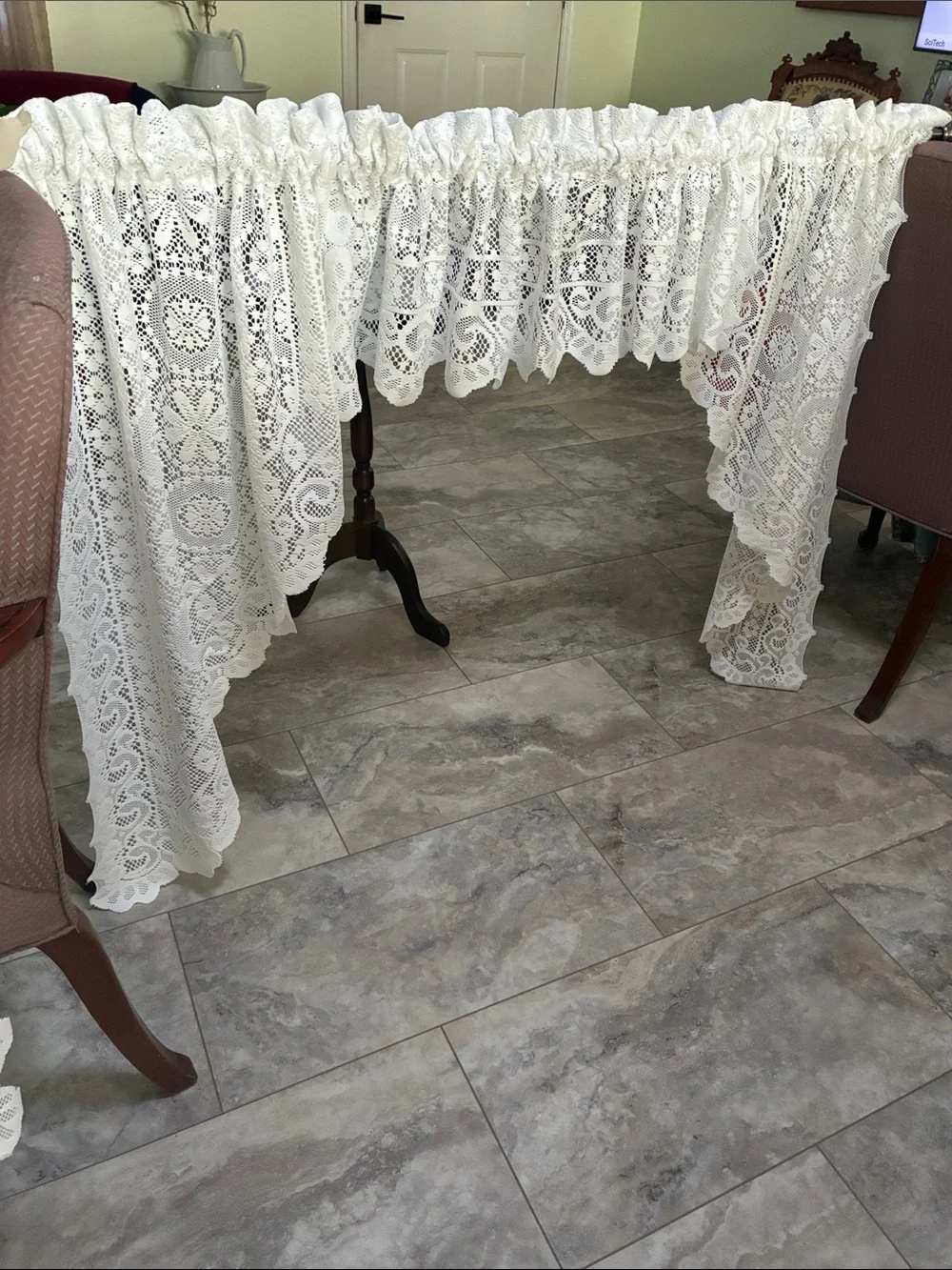 Vintage Old World Style Swag and Valance Curtain set  White Crochet Lace